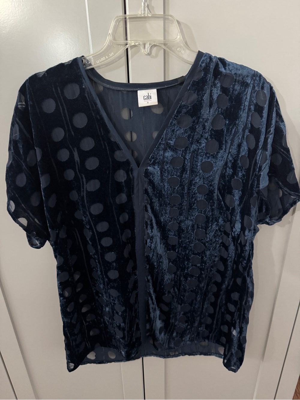 Cabi Navy Velvet Burnout Polka Dot Blouse Size Small Sheer V Neck